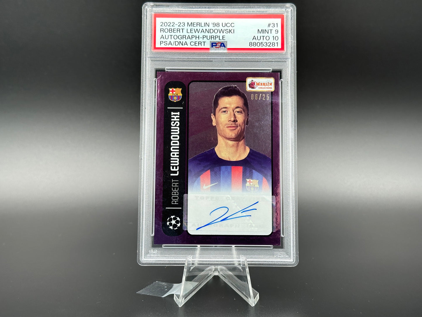 Robert Lewandowski 2022 Topps Merlin 98 UCC Purple 06/25 PSA 9 / PSA 10 AUTO